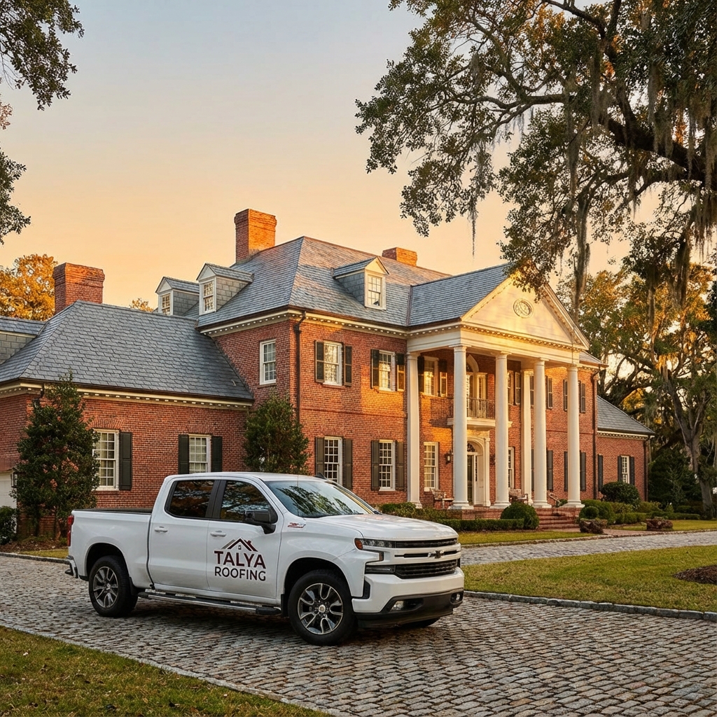 Historic Savannah home with slate roof and Talya Roofing truck