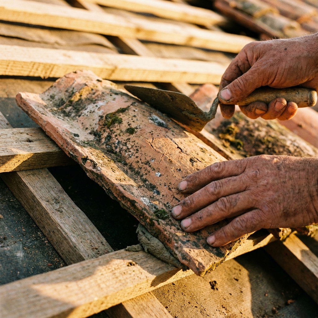 Craftsman installing historic clay tiles