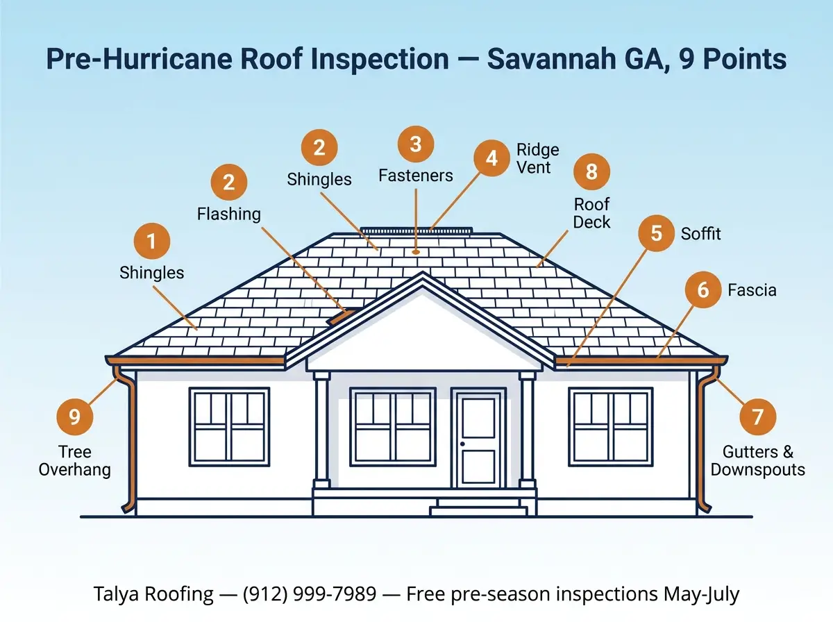 Infographic: 9-point pre-hurricane roof inspection checklist for Savannah GA — shingles, flashing, fasteners, ridge vent, soffit, fascia, gutters, deck, tree overhang