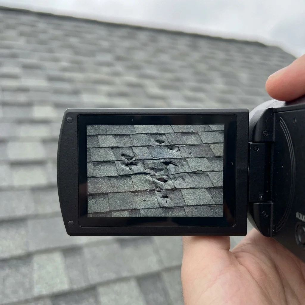 Cámara digital documentando daño por granizo en teja de techo