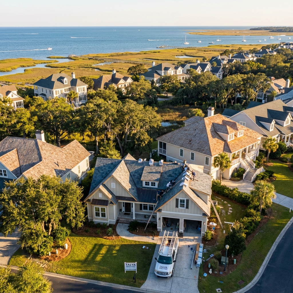 Coastal neighborhood with new roofs and Talya Roofing truck