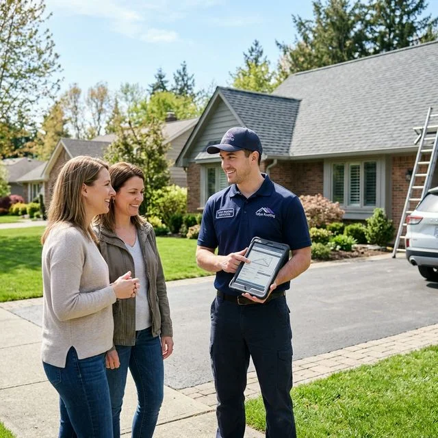 Neighbors talking peacefully with a Talya Roofing inspector
