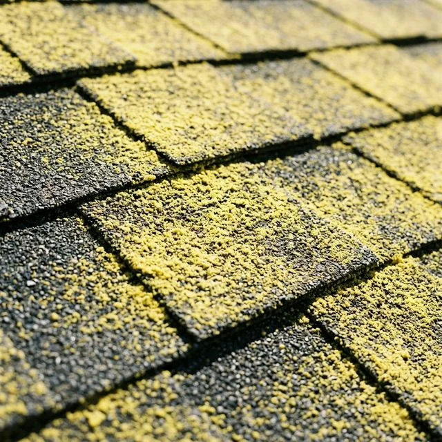 Thick yellow-green pollen coating on a residential roof in Savannah during spring season