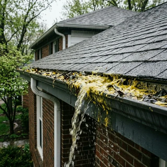 Clogged gutter full of pollen, pine needles, and spring debris on a Savannah home