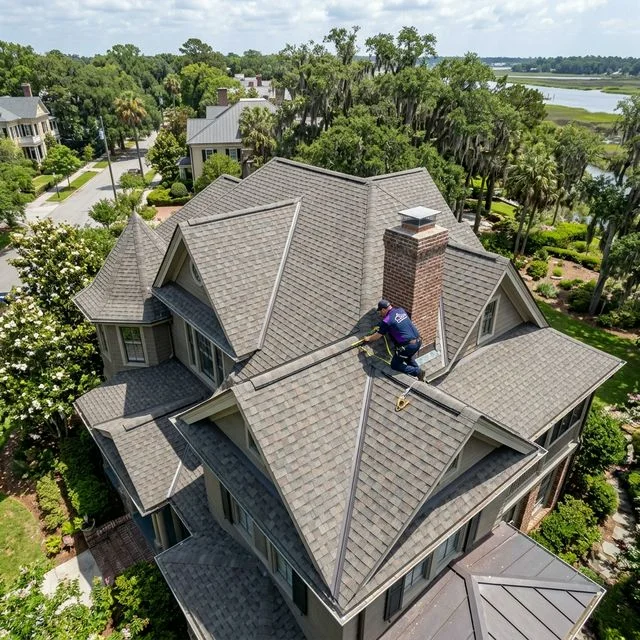 Friendly Talya Roofing inspector explaining an estimate to a homeowner outside their coastal home