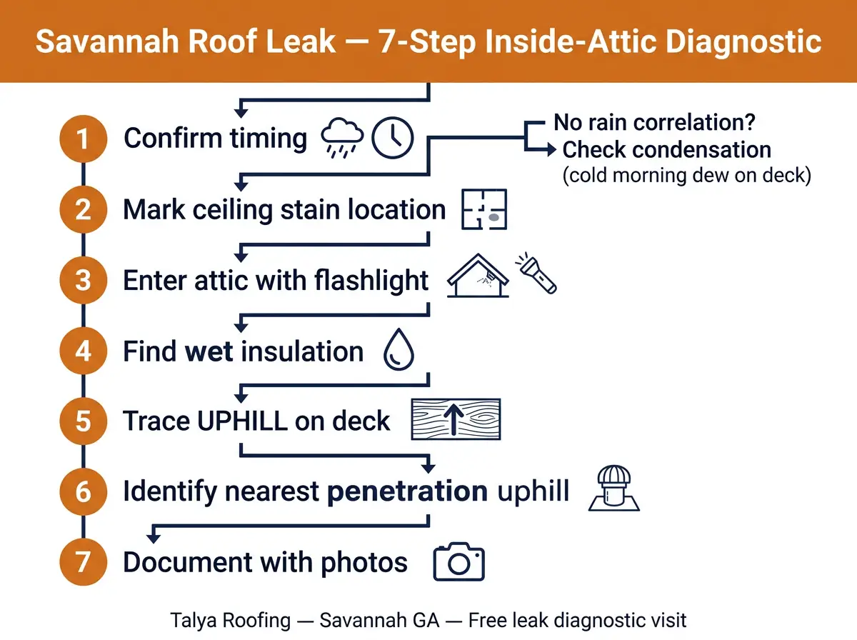 Infographic: 7-step inside-attic roof leak diagnostic flowchart for Savannah — confirm timing, mark stain, enter attic, find wet insulation, trace UPHILL on deck, identify penetration, document