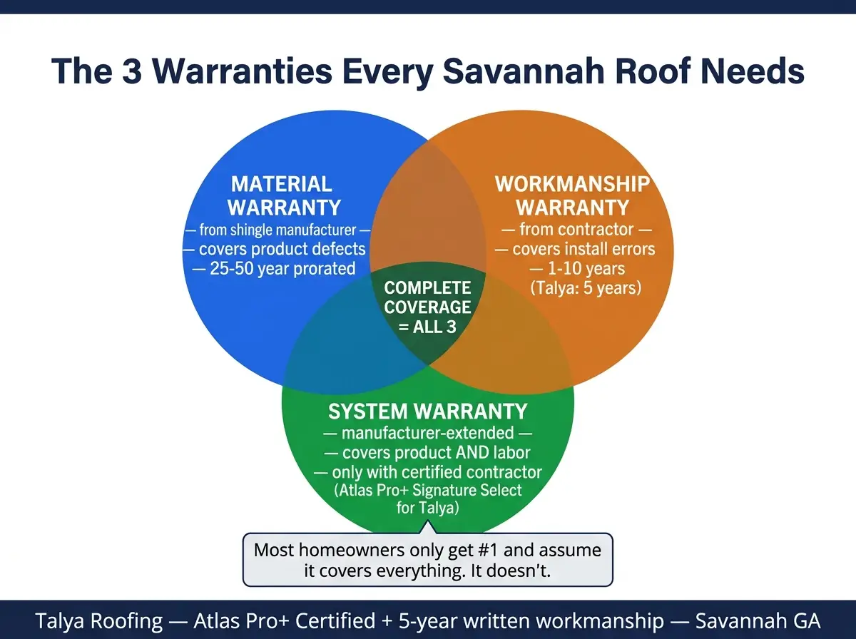 Infographic: 3-circle Venn diagram of Savannah roof warranties — material (manufacturer) + workmanship (contractor) + system (manufacturer-extended, requires certification). Complete coverage = all three