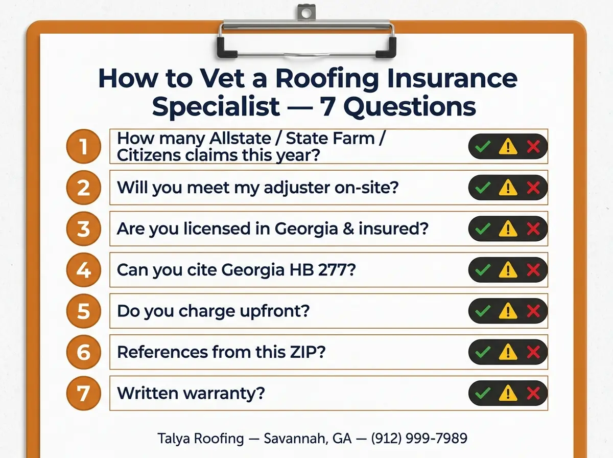 Infographic: 7-question vetting checklist for hiring a roofing insurance specialist in Savannah GA — Xactimate compatibility, on-site adjuster meetings, Georgia O.C.G.A. § 33-24-30.1 compliance