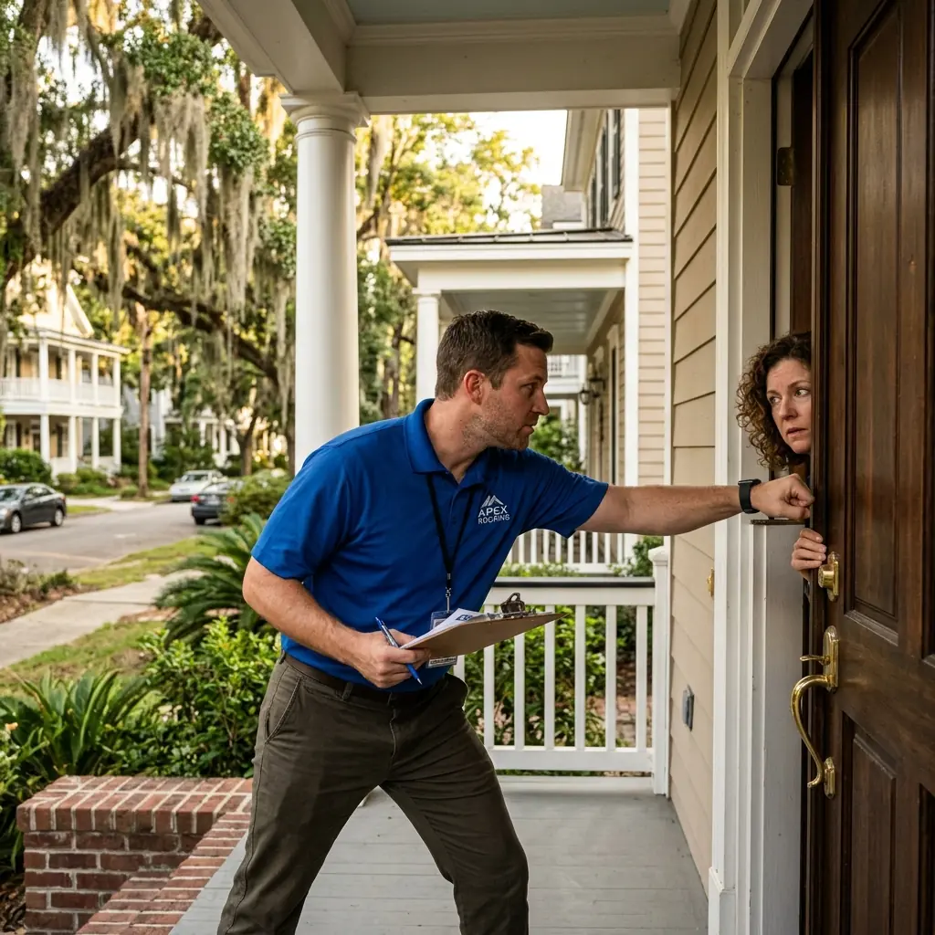 Aggressive roofing salesperson knocking on a residential front door
