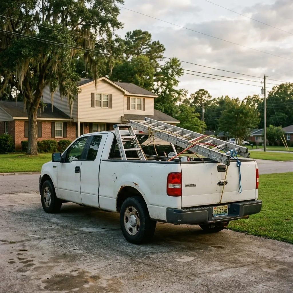 Talya Roofing team with branded truck, licensed and insured in Savannah