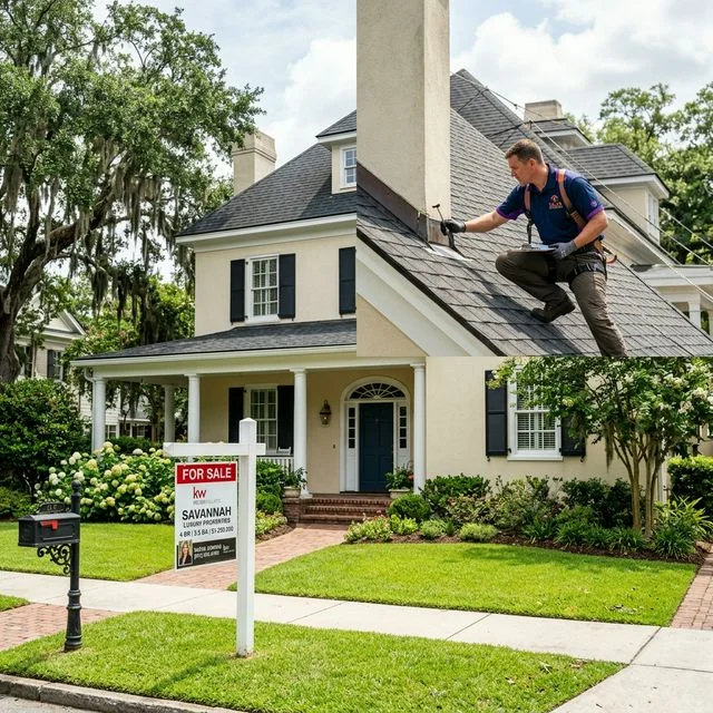 For Sale sign in front yard of a Savannah home with a Talya Roofing inspector evaluating the roof