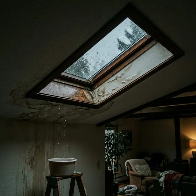Roofer inspecting flashing around a skylight on a Savannah residential roof