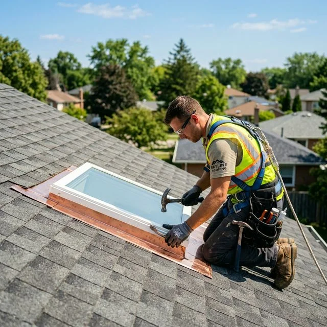 Close-up of deteriorated skylight flashing and sealant on a Savannah roof