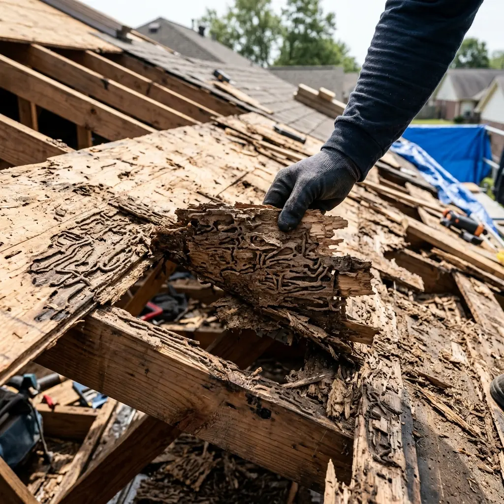 Close-up of termite-damaged and rotted wooden roof decking