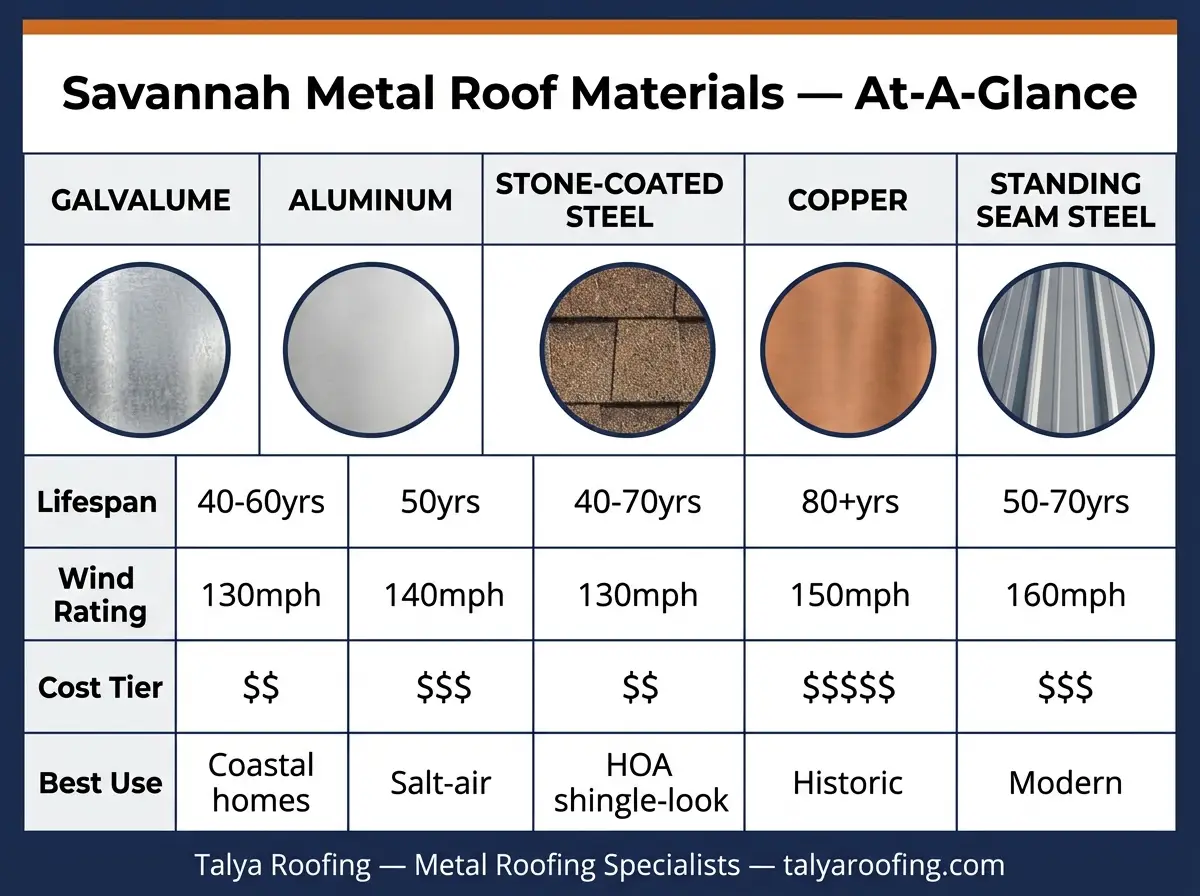 Infographic: Savannah metal roof material comparison — Galvalume, aluminum, stone-coated steel, copper, and standing seam steel across lifespan, wind rating, cost tier, and best-use