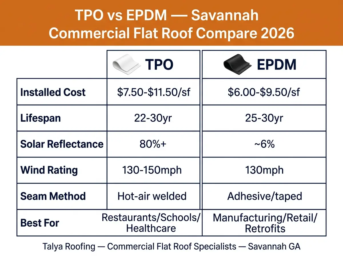 Infographic: TPO vs EPDM 6-row comparison for Savannah commercial flat roofs — installed cost, lifespan, solar reflectance, wind rating, seam method, best-for-building-type