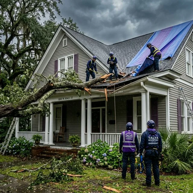 Large pine tree branch fallen on a suburban Savannah roof with a Talya Roofing truck parked outside