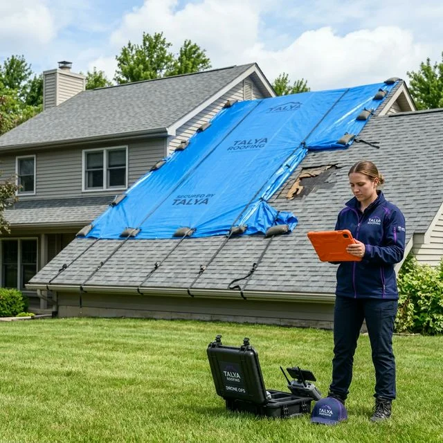 Talya Roofing team installing an emergency blue tarp over a storm-damaged roof