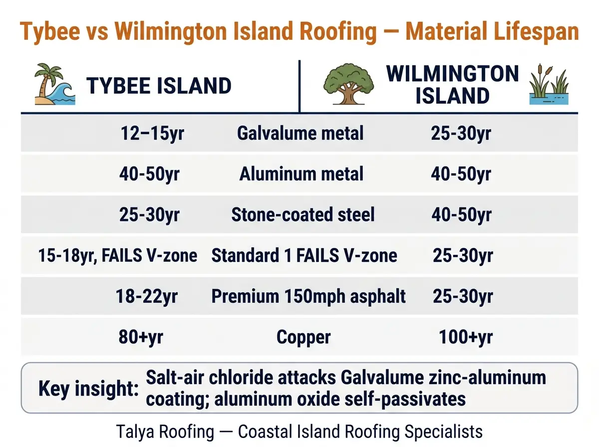 Infographic: Tybee Island vs Wilmington Island 6-material lifespan comparison — Galvalume, aluminum, stone-coated steel, asphalt, copper. Key insight: salt-air chloride attacks Galvalume zinc-aluminum coating while aluminum oxide self-passivates