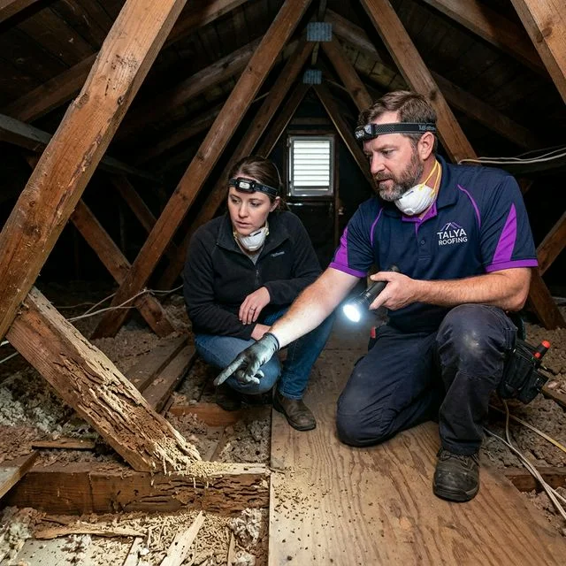 Roofer pointing to a structurally compromised, rotted 4x8 sheet of roof decking