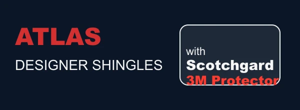 Atlas Designer Shingles logo paired with 3M Scotchgard Protector badge
